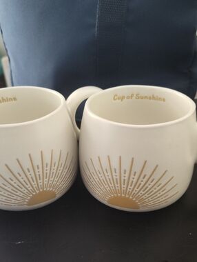 Mainstays White Ceramic Mugs with Gold Sunburst Design - Set of 2